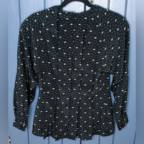 Vintage Black Print Peplum Silk Blouse Shirt Size 4 Whimsigoth Corporate Goth - Picture 2 of 4
